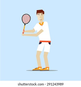 Man playing tennis. Sport competitions. Flat design vector illustration.