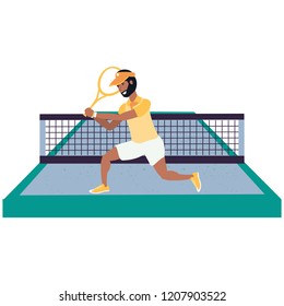 man playing tennis in sport court