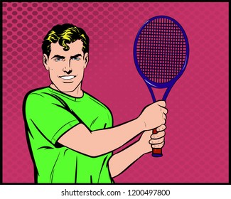 Man Playing Tennis. Sportswoman with Racket. Healthy Lifestyle. Pop Art. Vector illustration in retro comic book vintage style