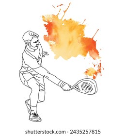 Hombre jugando al tenis, ilustración vectorial combinada con mancha de pintura de acuarela, AthleticSpirit,