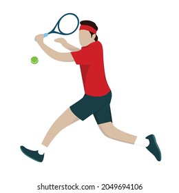 A man playing tennis. A man wearing a red and black jersey swinging his racket to hit the ball. Left-handed tennis player. Sports illustrations. 