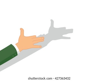 Man playing in the theater of shadows, showing dog from palms. White background for web