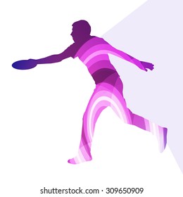 Man playing throwing flying disc silhouette illustration vector background colorful concept made of transparent curved shapes