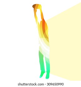 Man playing throwing flying disc silhouette illustration vector background colorful concept made of transparent curved shapes