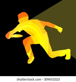 Man playing throwing flying disc silhouette illustration vector background colorful concept made of transparent curved shapes