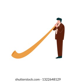 Man Playing Traditional Alpine Horn, Musician Playing Woodwind Instrument Vector Illustration