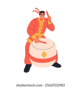 Man playing traditional Chinese drum. Drummer, street musician in festive attire celebrating New Year holiday with music rhythm on percussion. Flat vector illustration isolated on white background