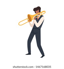 Man Playing Trombone, Male Jazz Musician Character in Elegant Clothes with Blow Musical Instrument Vector Illustration