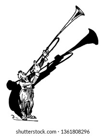 Man Playing Trombone where a cartoon of a man playing a long trombone, vintage line drawing or engraving illustration.