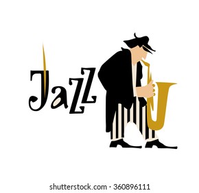 Man playing trumpet isolated on white background. Jazz inscription. Vector illustration. 