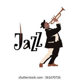 Man playing trumpet isolated on white background. Jazz inscription. Flat vector illustration. Street musican. Jazz symbol. Icon.