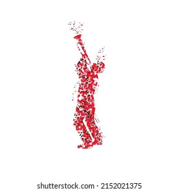 Man playing trumpet made of musical notes. Red musical notes trumpet player vector illustration design for live concert events, music festivals and shows posters, party flyers