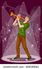 Man playing trumpet in Music band performance. Vector illustration