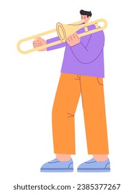 Man playing trumpet music instrument brass bugle alone drawing flat colorful illustration young performance cartoon
