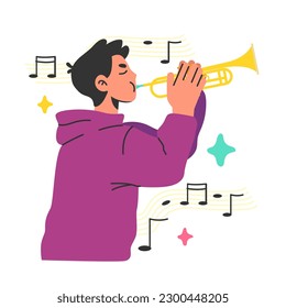 Man playing the trumpet. Musical instrument melody. Jazz band or orchestra member or musician performance or concert. Flat vector illustration