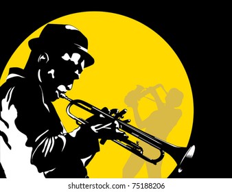 Man playing trumpet on the background of the moon;