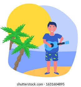 Man playing the ukulele on the beach. Sunshine on the beach with palm, sea and playing hawaii guitar. Vector travel illustration.