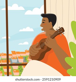 Man playing ukulele on windowsill. View from the window of a high-rise building onto the roofs of houses. Blue sky with clouds. Smiling musician guy in apartment. Vector illustration in flat  style.