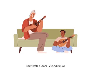 Hombre jugando ukulele junto con niño, ilustración vectorial plana aislada en fondo blanco. Niños aprendiendo a tocar guitarra pequeña. Personas sentadas en el sofá y tocando instrumentos de cuerda de música.