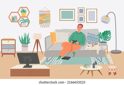 Man playing video game. Boy sitting on sofa with cat playing console at home. Male character holding joystick and watching tv screen. Person entertaining in leisure time vector illustration