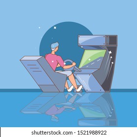 man playing in video game console of coins with car wheel vector illustration design