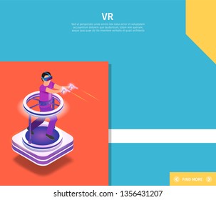 Man Playing Video Game in Goggles, Running and Shooting with Guns. Future Technology Entertainment Industry. Gaming. VR Square Banner with Copy Space. 3d Cartoon Flat Vector Isometric Illustration.
