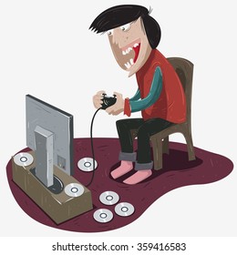 a man is playing video game and many compact disc scattered around