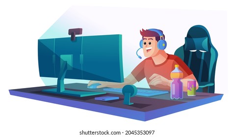 Hombre jugando videojuego en la ilustración del concepto del ordenador