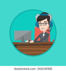 Man playing video game on computer. Businessman during video conference in office. Businessman with headset working on computer. Vector flat design illustration in the circle isolated on background.