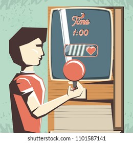 man playing video game retro