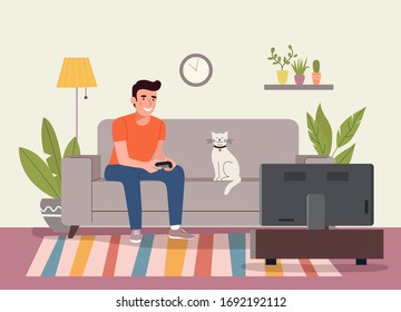 Man playing videogame on the sofa. Vector flat style illustration