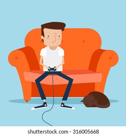 Man playing videogames at home. Vector illustration