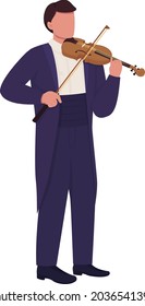 Man playing violin with bow semi flat color vector character. Full body person on white. Violinist in classic tailcoat isolated modern cartoon style illustration for graphic design and animation