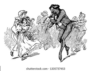 Man Playing Violin with Children Dancing on music and dance lessons in order, played an instrument for many years, vintage line drawing or engraving illustration.