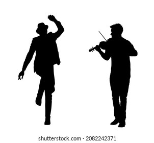 Man playing violin, czardas dancer folklore dance vector silhouette illustration isolated on white. Classic music performer. Musician artist amusement public. Violin virtuoso play string instrument.  svg