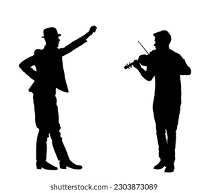 Man playing violin, czardas dancer folklore dance vector silhouette illustration isolated on white. Classic music performer. Musician artist amusement public. Violin virtuoso play string instrument. 