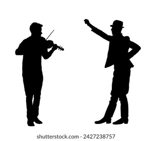 Man playing violin, czardas dancer folklore dance vector silhouette illustration isolated on white. Classic music performer. Musician artist amusement public. Violin virtuoso play string instrument. 