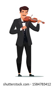 Man playing violin flat vector illustration. Male musician with string instrument cartoon character isolated on white background. Live music concert, show concept. Musical orchestra performance