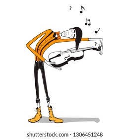 A man playing a violin, listening to music