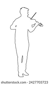 Man playing violin vector line contour silhouette illustration isolated on white background. Classic music performer concert. Musician artist amusement public.  virtuoso on the violin.