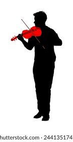 Man playing violin vector silhouette illustration isolated. Classic music performer concert. Musician artist amusement public. Boy virtuoso on violin shape shadow. Elegant handsome gentleman.