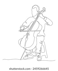 Hombre tocando violoncelo. Músico. Dibujo de línea continua. Ilustración vectorial en blanco y negro en estilo line art.