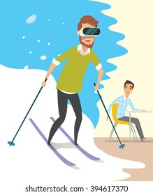 Man playing a Virtual Reality game Skiing. Enjoying a 3d experience at home with a vr headset. Virtual reality gadget to use. Vector illustration