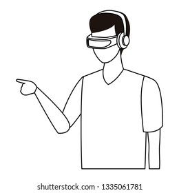 Man playing with virtual reality glasses in black and white