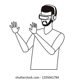 Man playing with virtual reality glasses in black and white