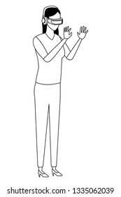 Man playing with virtual reality glasses in black and white