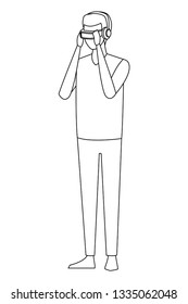 Man playing with virtual reality glasses in black and white