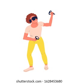 Man is playing virtual reality video game. Isolated on white background. Flat style vector illustration.