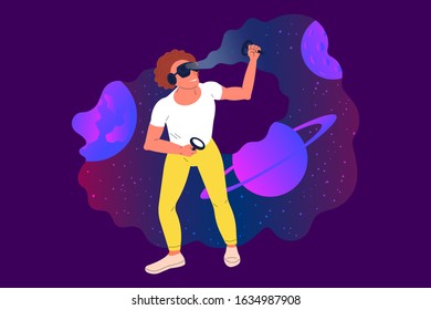 Man is playing virtual reality video game. Space environment in gameplay. On violet background. Flat style vector illustration.
