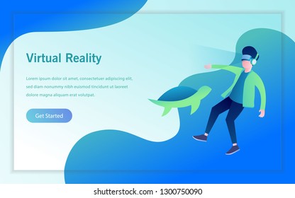 a man playing virtual reality. vr game landing page vector design illustration